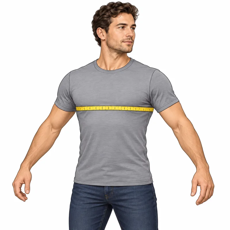 A level measuring tape wrapped around the fullest part of the chest, just below the armpits.