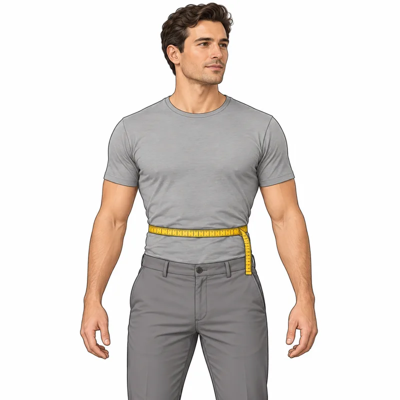 A measuring tape wrapped around the natural waist above the trouser waistband.