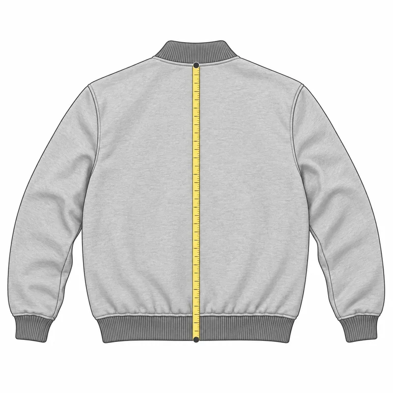 The back of a flat jacket with a vertical tape from the base of the collar to the bottom of the waistband.