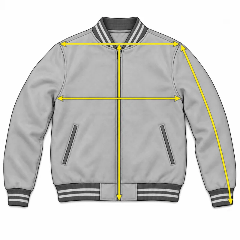 A jacket laid flat with arrows showing chest width, shoulder width, sleeve length, and collar-base-to-hem length.