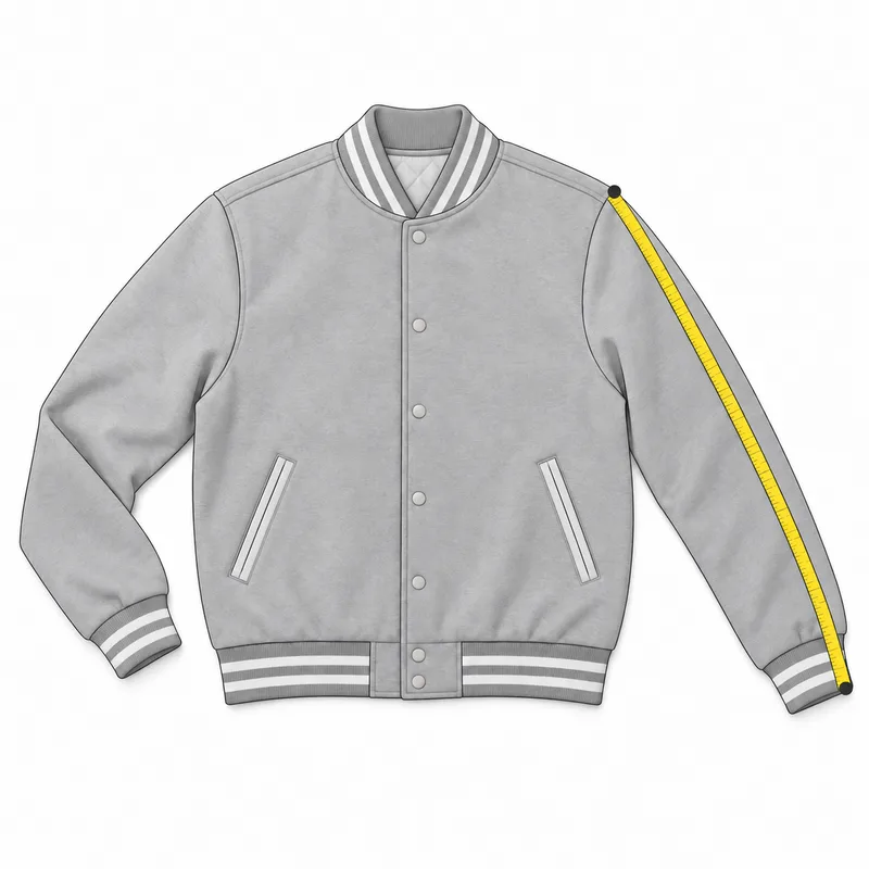 A jacket laid flat with a measuring tape from the shoulder seam to the end of the cuff.